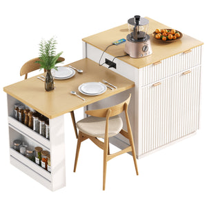 English Elm K&K Fluted Kitchen Island with Extendable Dining Table, Art Deco Mid-Century Design, Built-In Power Hub, Gold Handle White N707S000018W