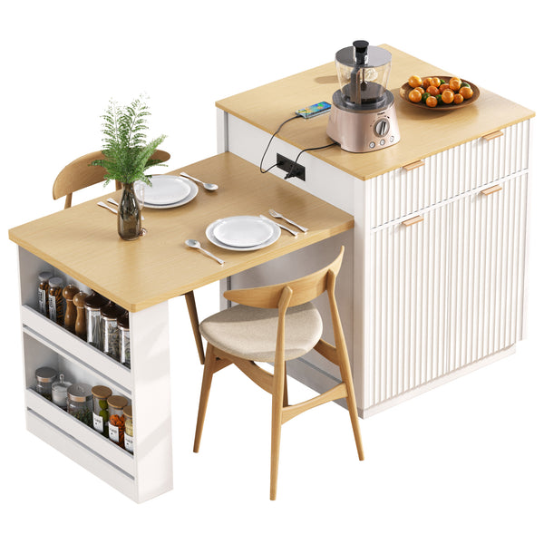 English Elm K&K Fluted Kitchen Island with Extendable Dining Table, Art Deco Mid-Century Design, Built-In Power Hub, Gold Handle White N707S000018W
