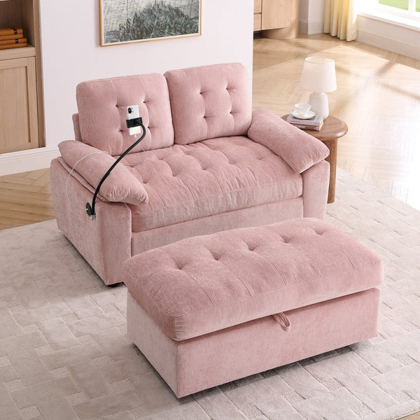 English Elm Leisure Chenille Two Seat Reclining Sofa with Usb Port Storage Ottoman Padded Armrests Pink W487S00519