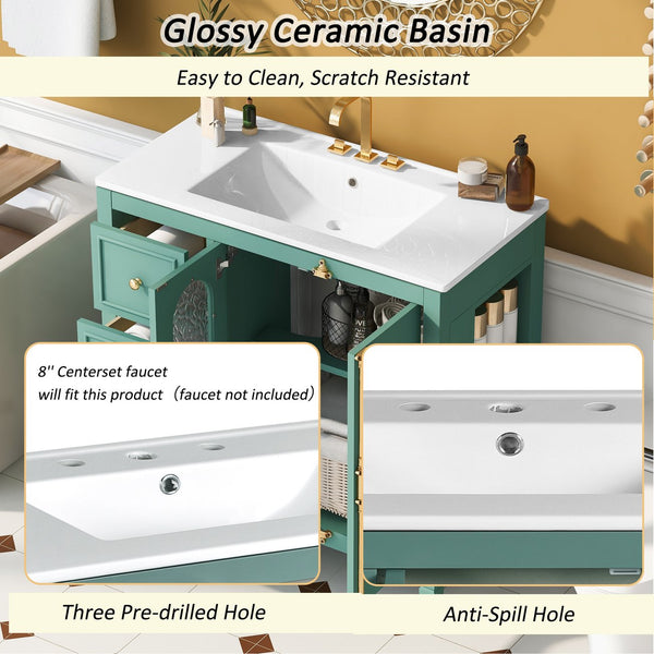 English Elm 36-inch Modern Bathroom Vanity Pine Frame Ceramic Sink 3 Drawers Glass Door Cabinet N710P223192F