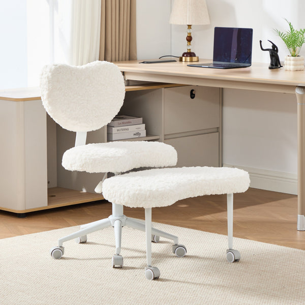 English Elm Artificial Rabbit Hair Cross Legged Desk Chair with Lumbar Support and Swivel Footrest Beige W1143P403571