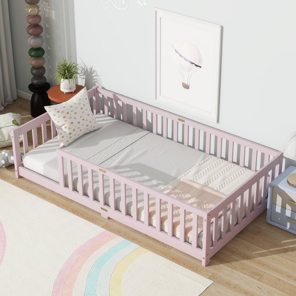 English Elm Twin Size Floor Bed With Safe Guardrails - Durable Rubberwood, Eco-Friendly Pink Design For Kids W504P286399-GIGA