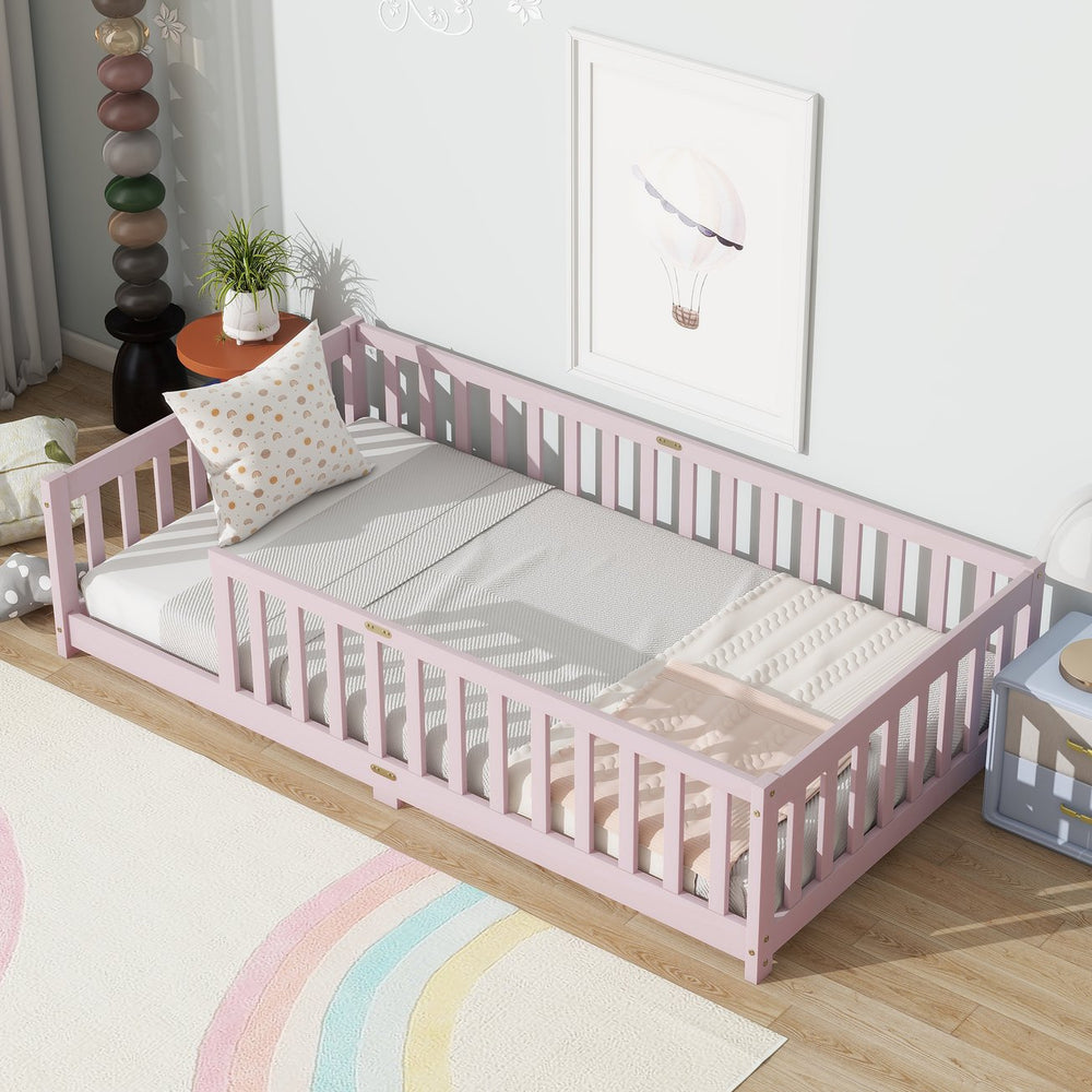 English Elm Twin Low Profile Rubberwood Floor Bed with Full Safety Fence for Toddler Rooms Pink W504P429338