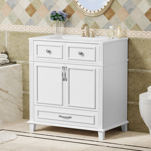 English Elm 30'' Bathroom Vanity with Sink - Retro Solid Wood Frame, Ceramic Basin, Soft-Close Doors & Ample Storage White N710P190656K