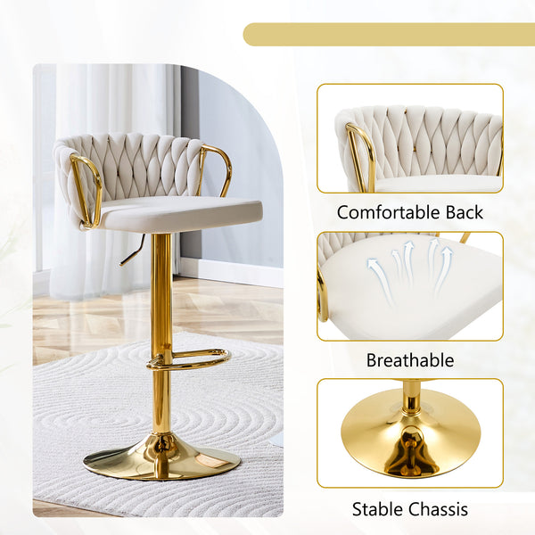 English Elm Set of 2 Velvet Swivel Barstools with Braided Rope Back and Adjustable Pedestal Base Beige,Gold W3875P383938