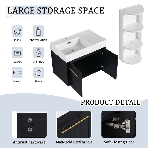 English Elm 30 Inch Wall-Mounted Bathroom Vanity Set With Left Basin Sink, Storage Rack & Modern Design W999S00368