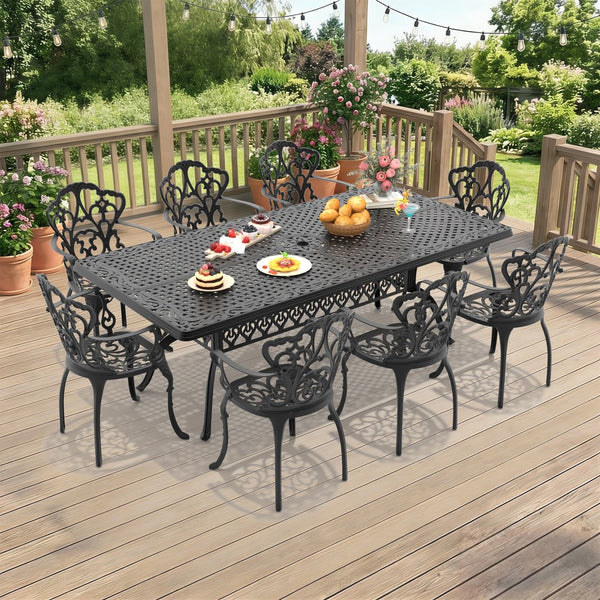 English Elm 9-piece Cast Aluminum Outdoor Dining Set with Ornate Carved Patio Design W1710S00612