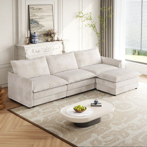 English Elm Corduroy 3-Seater L-Shaped Cloud Couch With Movable Ottoman For Ultimate Comfort And Style W834S00430