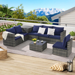 English Elm 6 6-Piece Wicker Patio Sectional Set with Tempered Glass Coffee Table, Weather-Resistant Rattan Sofa Dark Blue W874S00030