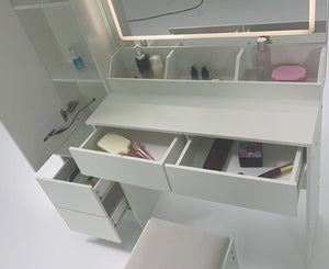 English Elm Full Bedroom Vanity Set with Led Round Mirror Touch Lighting Stool and Cabinet Storage White W3258S00007