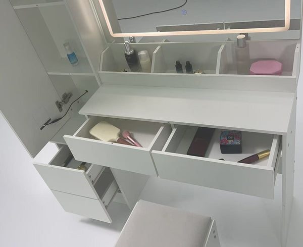 English Elm Full Bedroom Vanity Set with Led Round Mirror Touch Lighting Stool and Cabinet Storage White W3258S00007
