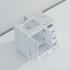 English Elm White 36 in Bath Vanity with Left Carrara Marble Top, Soft-Close Drawers, Chrome Faucet Set B2731P259017
