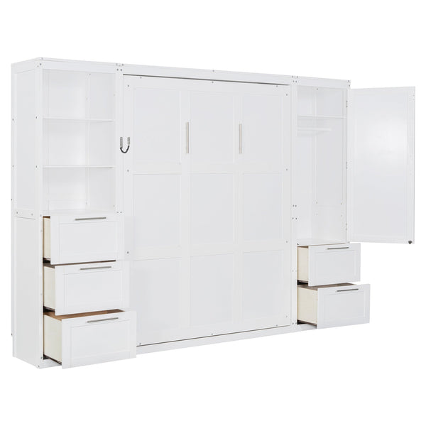 English Elm Queen Murphy Wall Bed with Wardrobe Drawers and Shelves for Studio or Guest Room White LP000865AAK-1