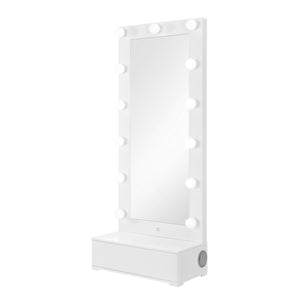 English Elm ELISA Glam LED Vanity Table with Glass Top, Built-In Speakers, Storage Stool and Mirror Lighting White 33.15 L x 17.8 W x 12.05 H B201S00354