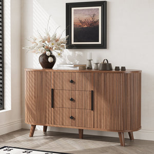 English Elm Sideboard Fluted Credenza with Three Drawers Two Doors Matte Black Modern Storage Walnut T3773P417317