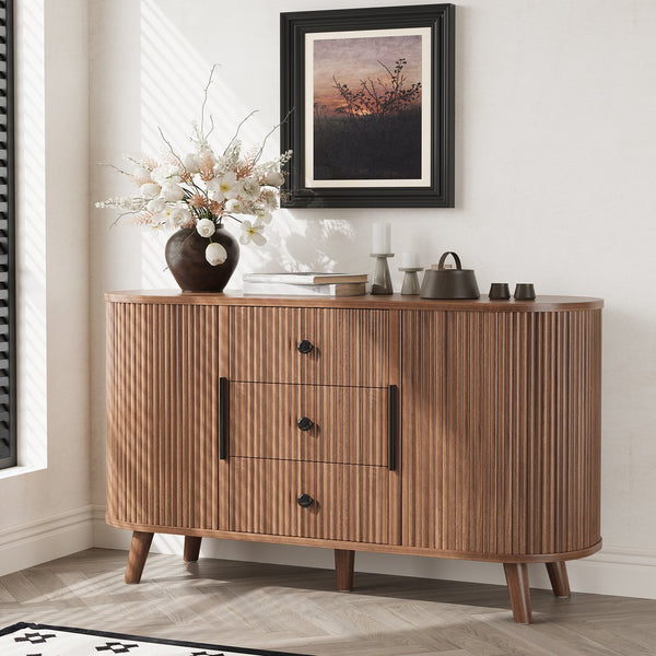 English Elm Sideboard Fluted Credenza with Three Drawers Two Doors Matte Black Modern Storage Walnut T3773P417317