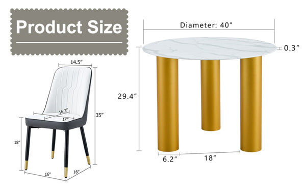 English Elm Table Set With Elegant Round White Marble Top, Gold Legs, And Soft Dining Chairs For Stylish Spaces W1151S01135-GIGA