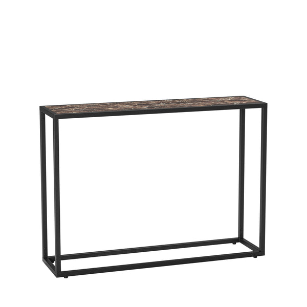 English Elm Narrow industrial console table with marble-edge wrap, space-saving foyer shelf, sturdy metal frame W578P357536