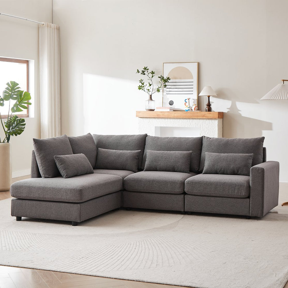 English Elm MH100.2" Sofa Convertible L-Shaped Linen Sectional with Movable Ottoman 5 Cushions 4 Lumbar Pillows Grey W1193S00139