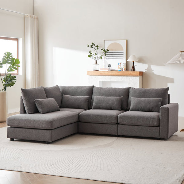 English Elm MH100.2" Sofa Convertible L-Shaped Linen Sectional with Movable Ottoman 5 Cushions 4 Lumbar Pillows Grey W1193S00139