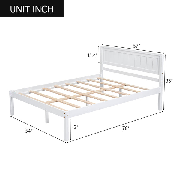 English Elm Platform Full Bed Frame with Headboard — Rustic-Modern Pine & MDF Slatted Support, No Box Spring Needed, Sturdy White WF212812AAK