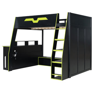 English Elm Full Size Wood Loft Bed with Rgb Lighting Desk and Multi-tier Shelves for Gaming Green LT000374AAG