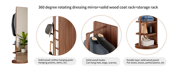 English Elm 360° Swivel Full Length Mirror with Coat Hooks Solid Rubberwood Frame Bedroom Entryway W2987P225479