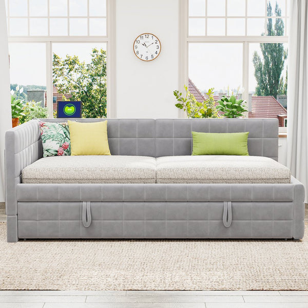 English Elm Full L-Shaped Upholstered Daybed with Pull-Out Twin Trundle, Built-In USB Ports, Modern Chic Design Gray SF000192AAE