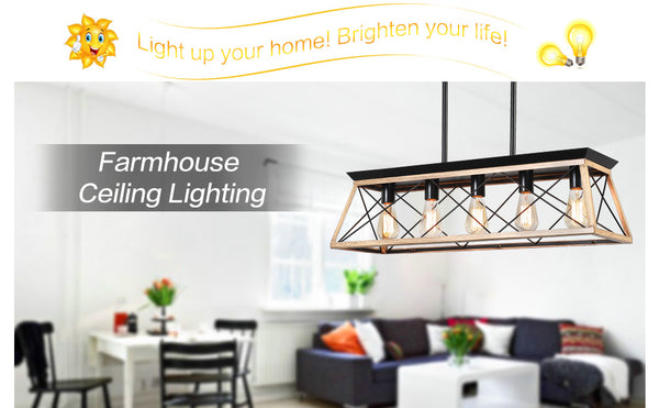 English Elm 32" Oak Industrial 5-Light Pendant Chandelier Rustic Metal Cage, Height Adjustable, E26 Compatible, UL Listed W2312P368671