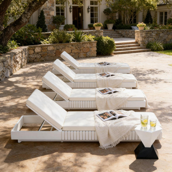 English Elm Modern Acacia Wood Outdoor Chaise Lounge Slatted Reclining Poolside Sun Chair Cream,White N770P281696W_65429.00CUSH