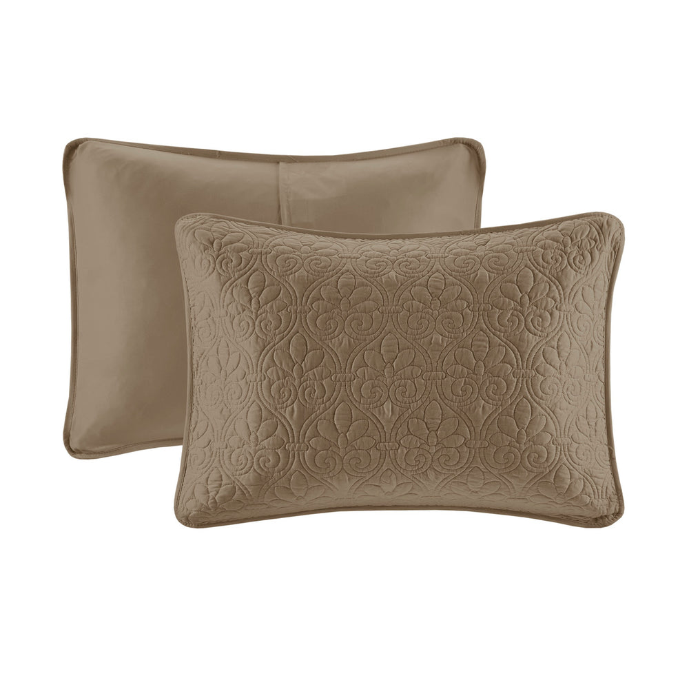 English Elm Reversible Queen Bedspread Set with Antimicrobial Cotton Fill, Oversized Quilted Cottage Texture Bedding Mocha 17.72 L x 15.35 W x 7.87 H B03597567