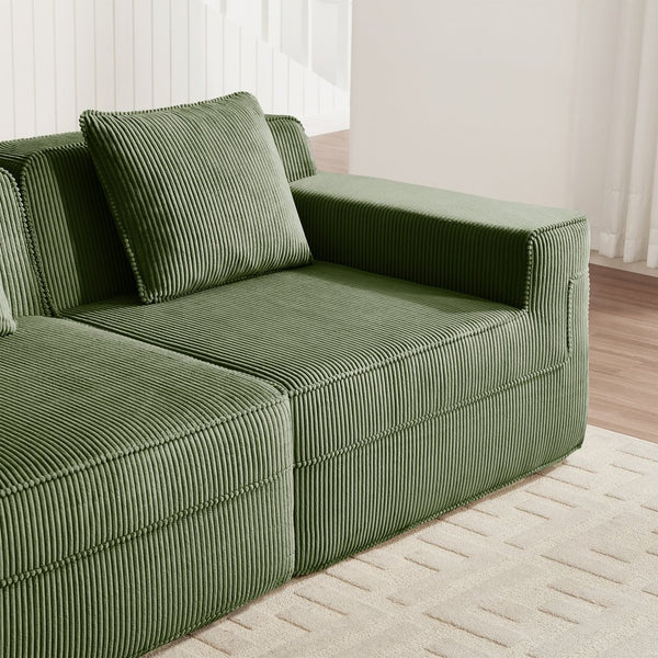 English Elm Modular 2-Seat L-Shape Sectional Sofa In Green Corduroy, Ultimate Comfort With Movable Ottoman & Pillows W3041S00330