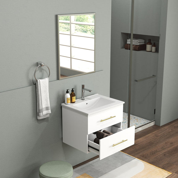 English Elm 24-Inch Wall-Mounted Bathroom Vanity & Mirror Set With Gold Handles, Space-Saving Design, Easy Install W3151S00039