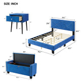 English Elm 4-Pieces Bedroom Sets Queen Size Upholstered Bed Frame With Rivet Design,Nightstands and Tufted Storage Ottoman,Blue