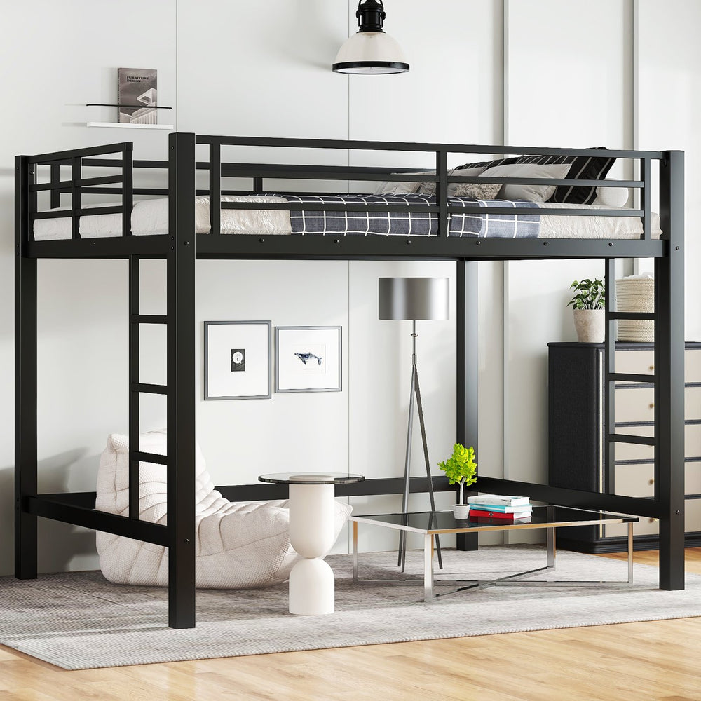 English Elm Full Metal Loft Bed with Sturdy Frame, Easy-Climb Ladder, Guardrails & Underbed Storage Space Black W1580P370678