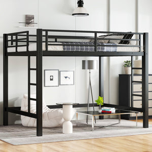 English Elm Full Metal Loft Bed with Sturdy Frame, Easy-Climb Ladder, Guardrails & Underbed Storage Space Black W1580P370678
