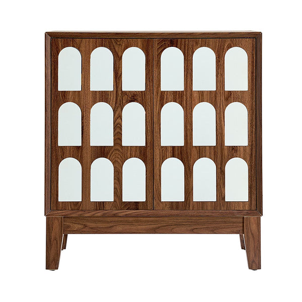 English Elm Double Door Cabinet Walnut Sideboard with Mirror-Style Accents, Removable Shelves & Solid Wood Legs W3417P388709