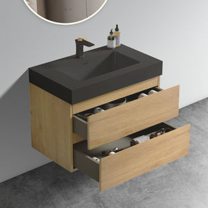 English Elm U091-Alice30W-106 Natural Oak 30" Wall-Mounted Bathroom Vanity with Black One-Piece Basin, Soft-Close Drawers, Eco E1 Construction W1865S00044