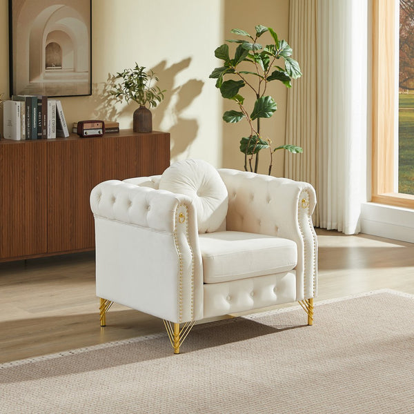 English Elm Velvet Tufted Chesterfield Sofa with Copper Stud Trim and Gold Metal Legs Beige W834P423608
