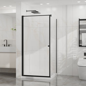 English Elm Goodyo Frameless Corner Shower Stall Tempered Glass Pivot Door with Matte Black Hardware W1223S00038