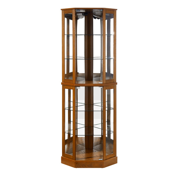 English Elm 6 Shelf Corner Curio Cabinet with Interior Lighting, Mirrored Back, Glass Shelves for Displays Oak W1693P165029