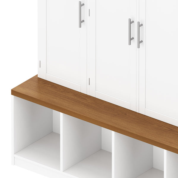 English Elm Wood Entryway Hall Tree with Bench Seating Coat Hooks Shoe Cubbies Cabinet White W5271S00004