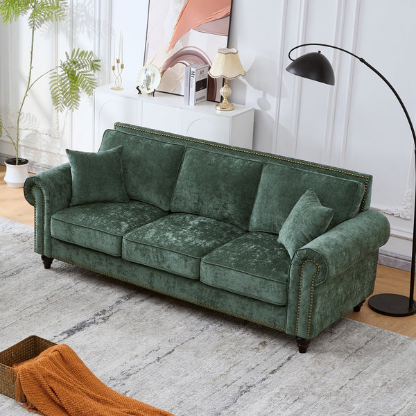 English Elm 86" Modern 3-Seater Sofa with Rolled Arms Chenille Upholstery, Nailhead Trim, Solid Wood Base for Living Room Comfort and Durability Green W3373S00042