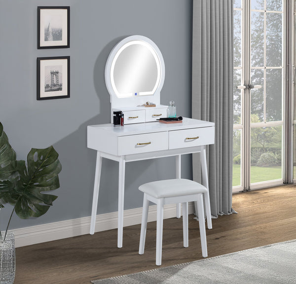 English Elm 3pc Vanity Set with LED Mirror and Cushioned Stool, Gold-Accented Handles, Sleek Modern Dressing Table White 21.75 L x 33.25 W x 13.5 H B011P378511