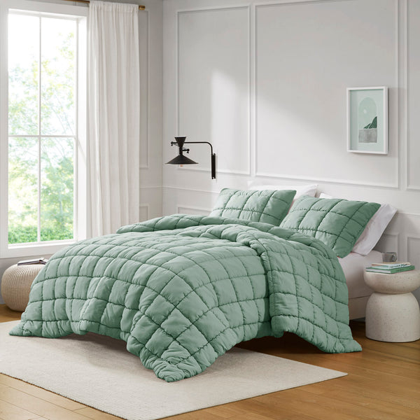 JLA Home Intelligent Design - Down Down Alternative Comforter Set with 3D Puff Stitching, Overfilled Warmth, OEKO-TEX Certified Plush Sage ID10-2305