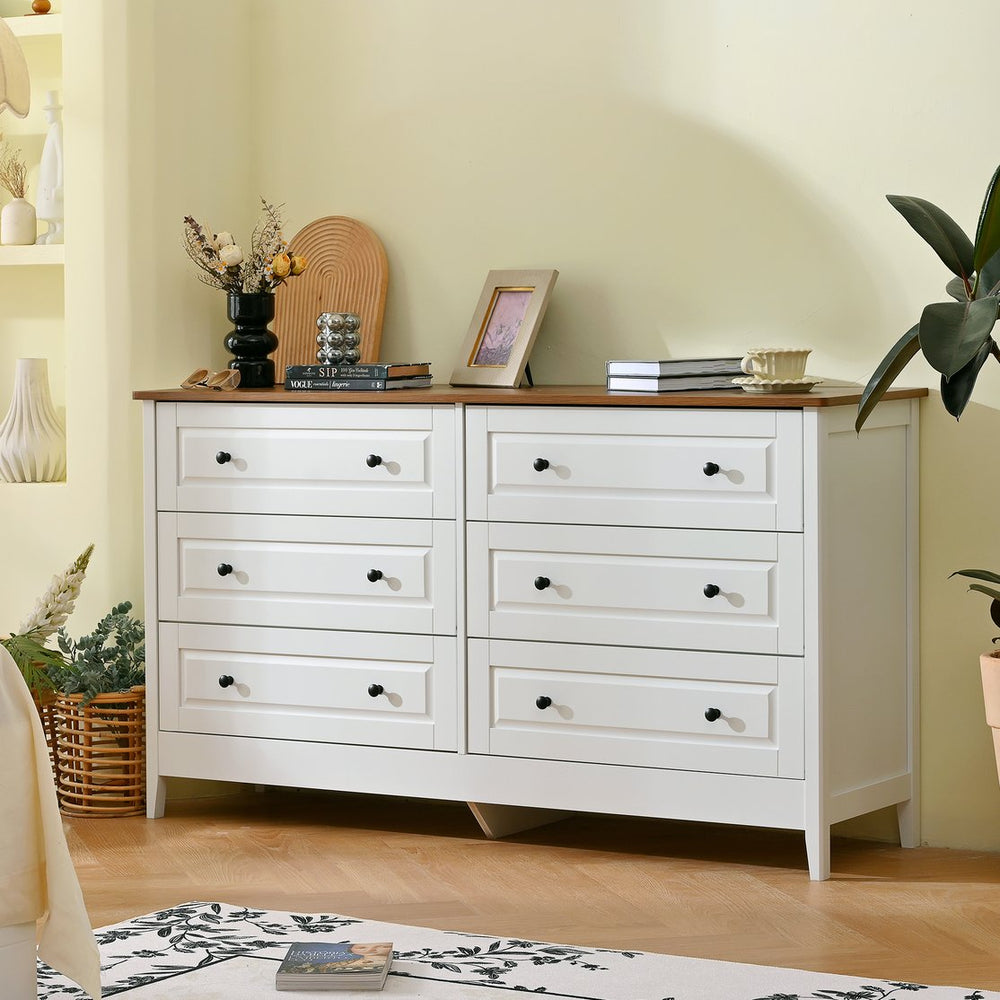 English Elm White 6-Drawer Dresser with Wide Top Surface, Smooth Glide Drawers & Alloy Handles for Bedroom and Living Room Ivory White W1157P307950