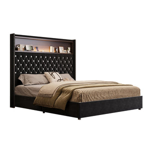 English Elm Queen Velvet Tufted Wingback Platform Bed Tall Headboard with Usb Charging Shelf Black N733P367135B