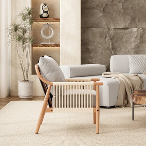 English Elm Braid Armchair Mid Century Modern Linen Wood Accent Chair with Ergonomic Support and Plush Cushioning Beige T3623P409102