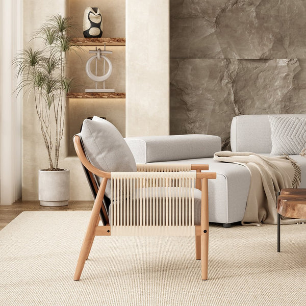 English Elm Braid Armchair Mid Century Modern Linen Wood Accent Chair with Ergonomic Support and Plush Cushioning Beige T3623P409102