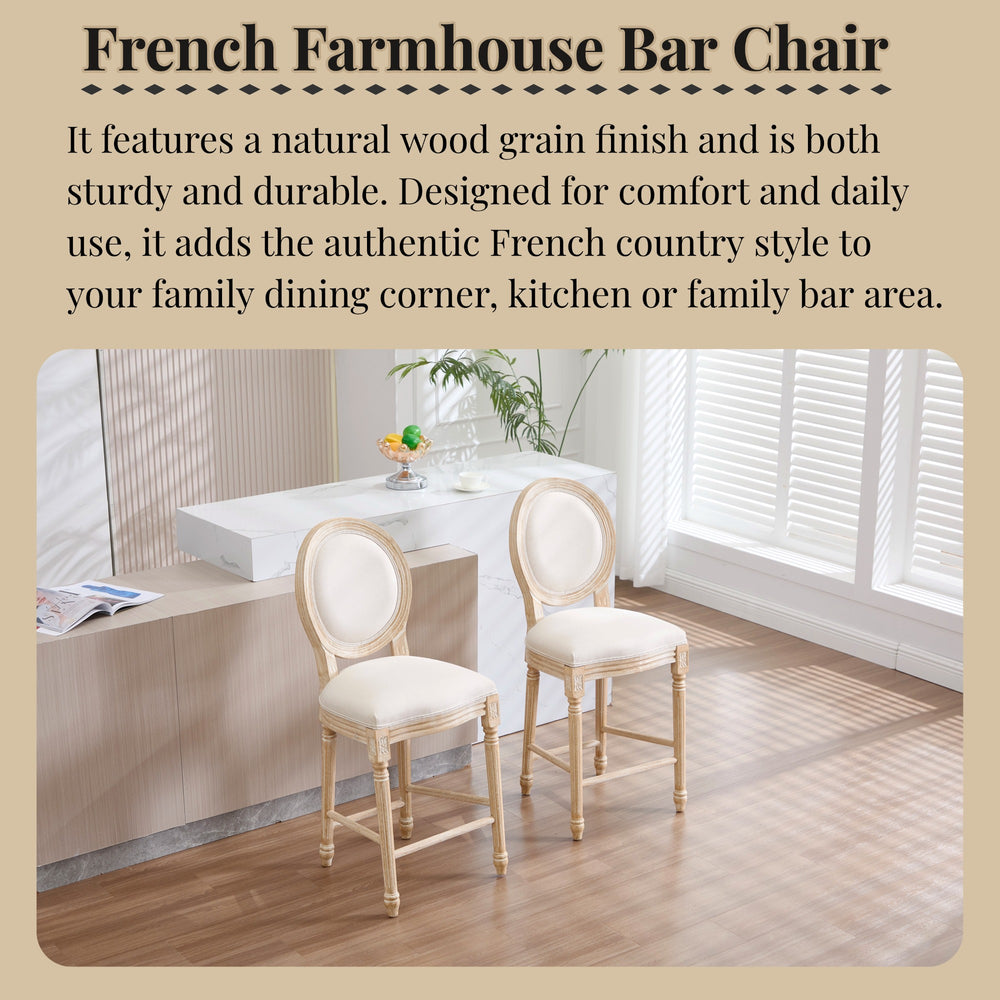 English Elm French Country 26'' Bar Chairs Set Of 2, Upholstered Comfort With Round Back, Vintage Elegance, Beige W3426P324574